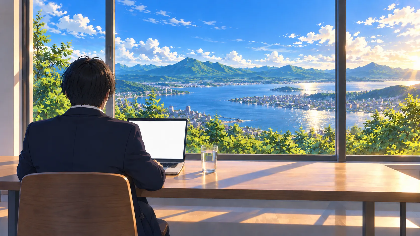 夏の札幌の景色を前にノートPCで制作する、スーツ姿の後ろ姿