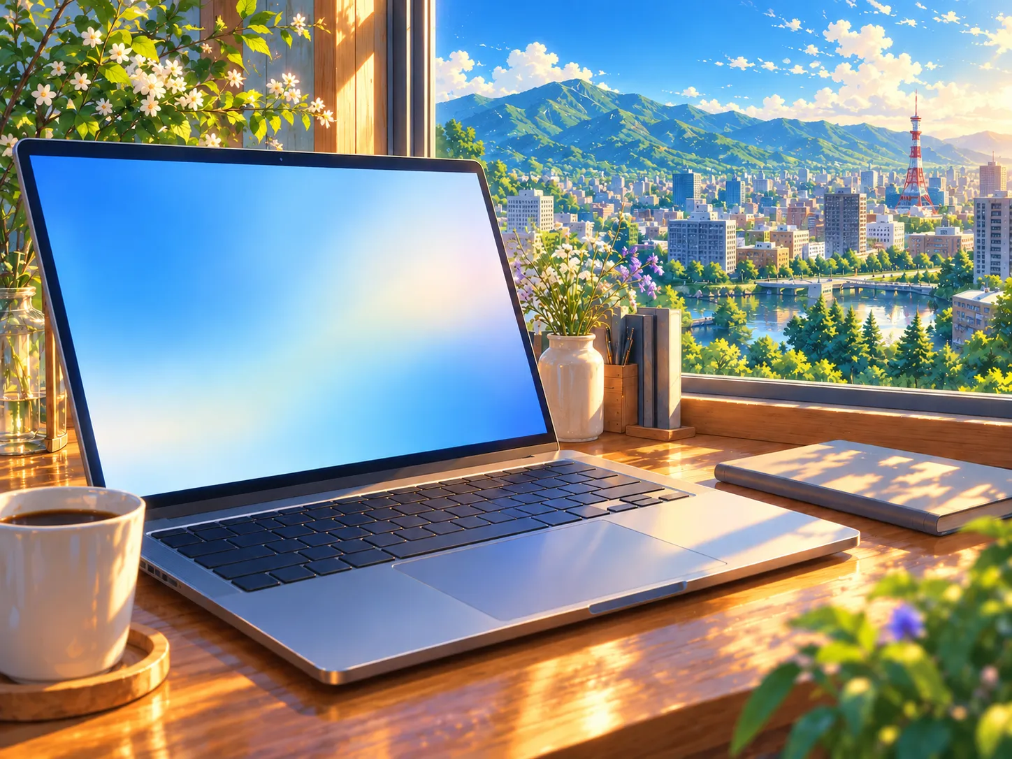 夏の札幌の街を望むノートPC